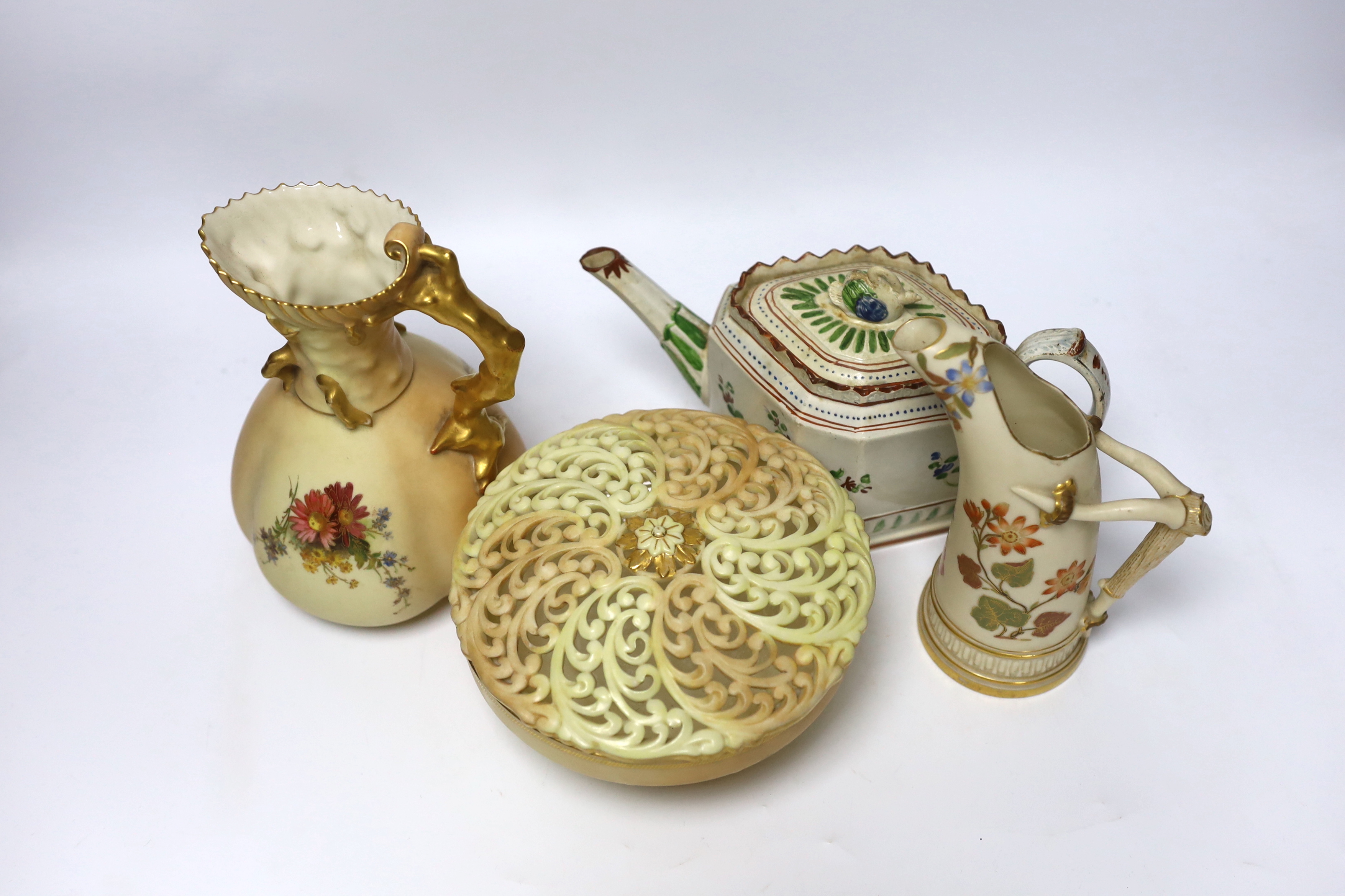 Three pieces of Royal Worcester blush ivory porcelain and an early 19th century pearlware teapot, tallest 19cm